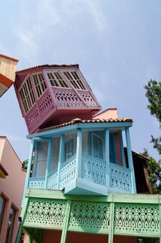 Traditional "falling" wooden carving balconies of Old Town of Tbilisi, Republic of Georgia