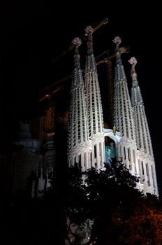 Night view of Sagrada Familia Cathedral in Barcelona, Spain                