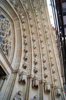 Details of facade of main Cathedral of Barcelona in Old Town