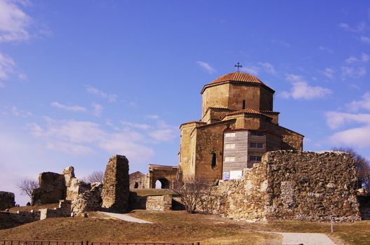 Exterior of ruins of Jvari, which is a Georgian Orthodox monastery of the 6th century near Mtskheta (World Heritage site) - the most famous symbol of georgiam christianity