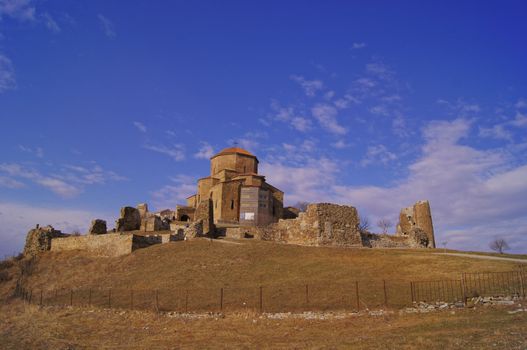 Exterior of ruins of Jvari, which is a Georgian Orthodox monastery of the 6th century near Mtskheta (World Heritage site) - the most famous symbol of georgiam christianity