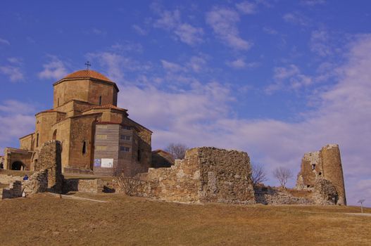 Exterior of ruins of Jvari, which is a Georgian Orthodox monastery of the 6th century near Mtskheta (World Heritage site) - the most famous symbol of georgiam christianity