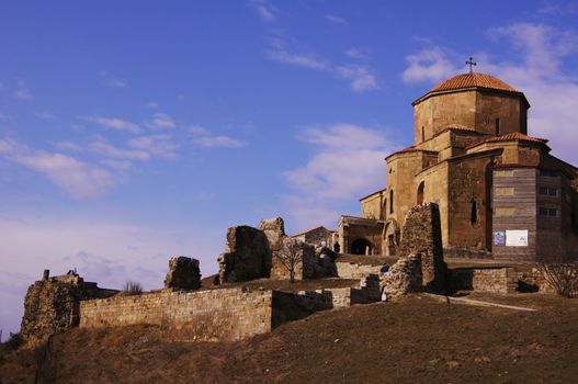 Exterior of ruins of Jvari, which is a Georgian Orthodox monastery of the 6th century near Mtskheta (World Heritage site) - the most famous symbol of georgiam christianity