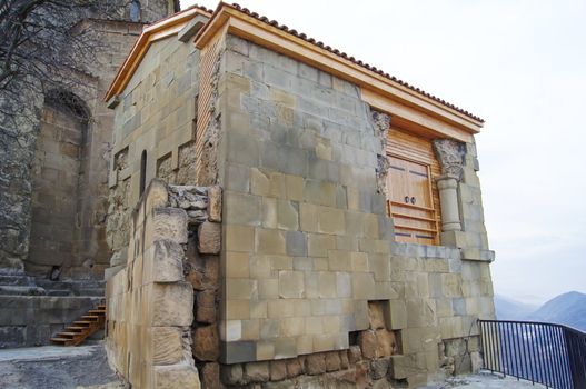 Exterior of ruins of Jvari, which is a Georgian Orthodox monastery of the 6th century near Mtskheta (World Heritage site) - the most famous symbol of georgiam christianity