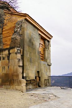 Exterior of ruins of Jvari, which is a Georgian Orthodox monastery of the 6th century near Mtskheta (World Heritage site) - the most famous symbol of georgiam christianity