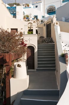 Staircase and a little church in the street of Santorini island