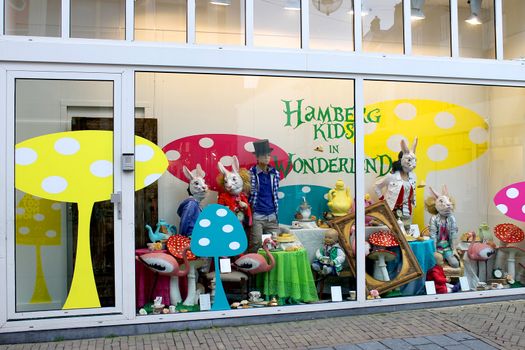 Show-window of shop of goods for kids in Gorinchem. Netherlands