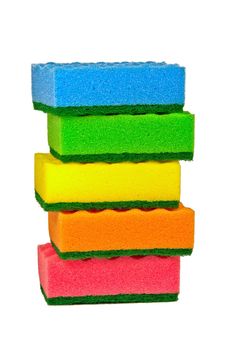 Five multi-colored sponges for washing dishes.