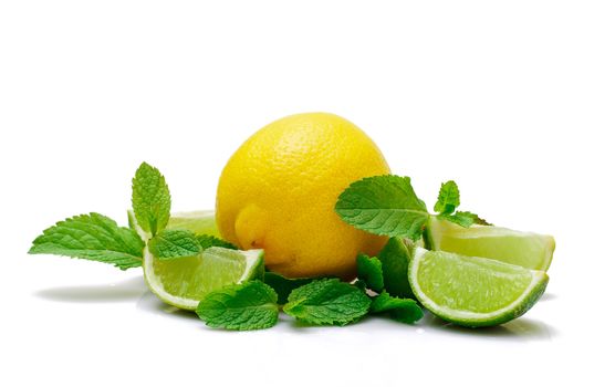 Fresh Lemon, Lime and Mint, on white background