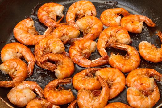 Fried King Prawns in a Frying Pan, closeup