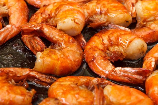 Fried King Prawns in a Frying Pan, closeup