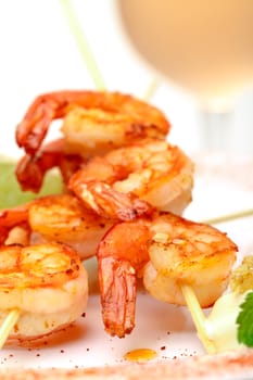 Fried King Prawns Served in Plate, closeup on white background