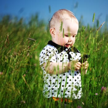 little boy in green grass call by phone