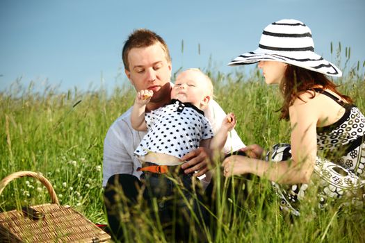  happy family on picnic in green grass