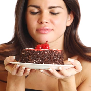 woman hold cake in hands isolated on white