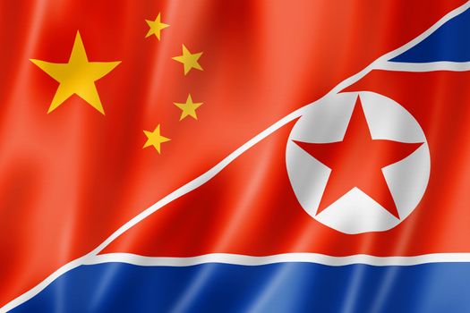 Mixed China and north korea flag, three dimensional render, illustration