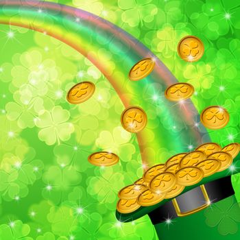 Pot of Gold and Rainbow Over Lucky Irish Shamrock Four-Leaf Clover Blurred Background Illustration