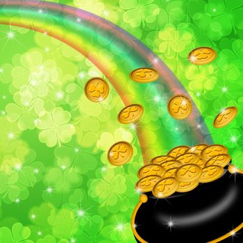 Pot of Gold and Rainbow Over Lucky Irish Shamrock Four-Leaf Clover Blurred Background Illustration