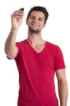 Young man with red t-shirt writing with permanent marker