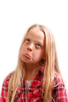 little girl thinking sad thinks on white background