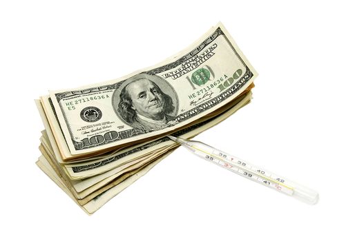 dollars and medical thermometer