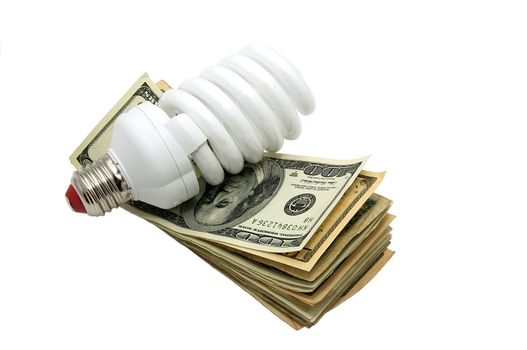 energy-saving light bulb, and dollars on white background