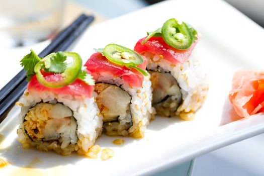 Sushi with tuna ,cilantro and Jalapeno peppers