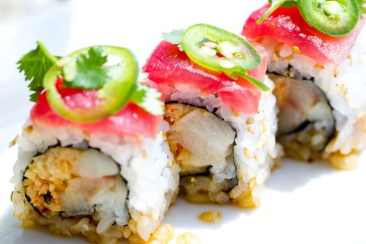 Sushi with tuna ,cilantro and Jalapeno peppers