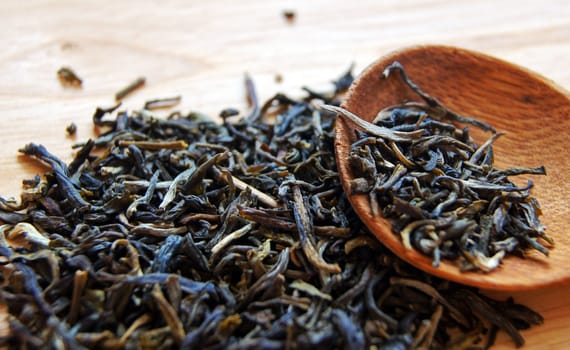 Closeup of set of China tea on bamboo mat