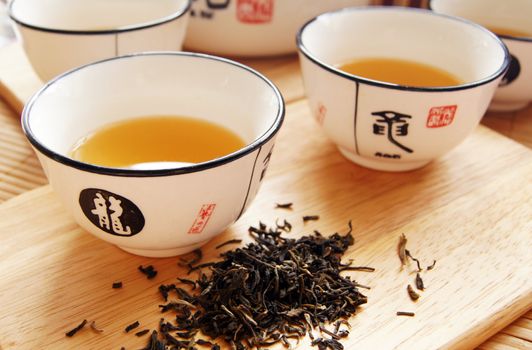 Closeup of set of China tea on bamboo mat