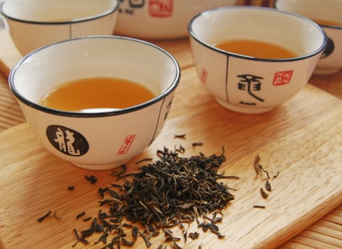 Closeup of set of China tea on bamboo mat