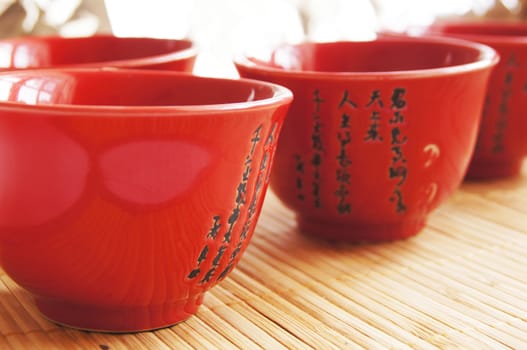 Closeup of set of China tea on bamboo mat
