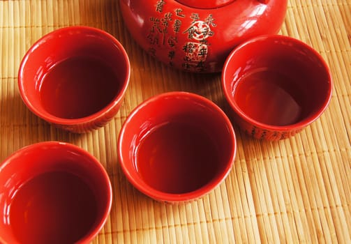 Closeup of set of China tea on bamboo mat