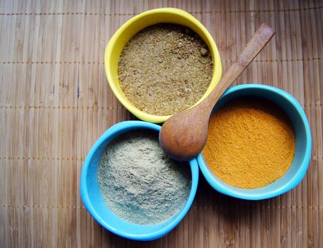 variety of spices:svan salt, saffron and coriander