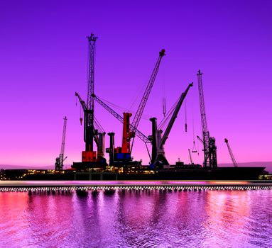 urban night view of the shipyards with cranes