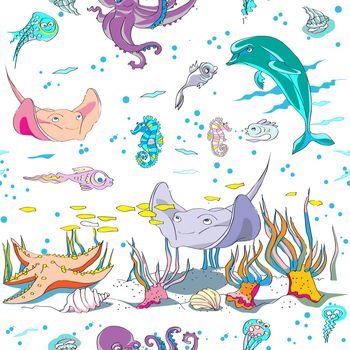 hand drawn pattern with sea creatures swimming underwater, colored doodles over white