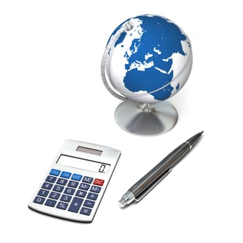 Concept of global business with calculator and globe, isolated on white background. Elements of this image furnished by NASA.