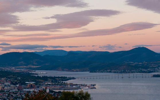 Hobart harbour, during sunset, panorama