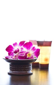 Spa ingredients and orchid flowers in front of a white background