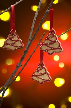 Christmas cookies as tree decoration with a red gold back fround