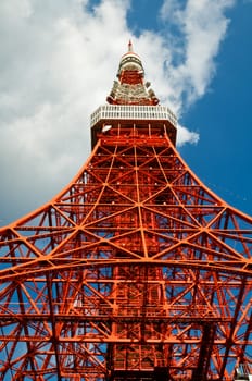 Tokyo tower face cloudy sky on a bright day