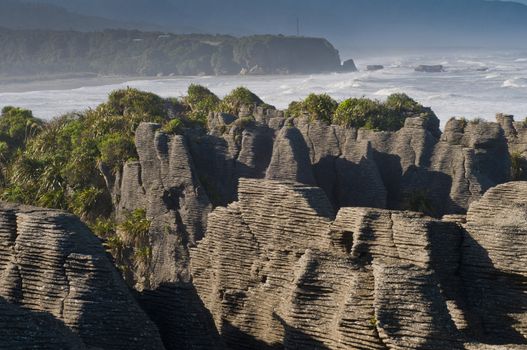 punakaiki pancake rock, at the west coast of new Zealand on a misty morning