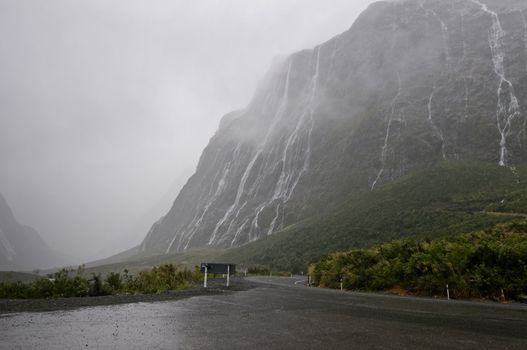The many water falls during rain showers in New Zealand
