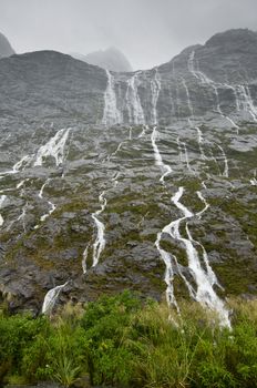 The many waterfalls during rain showers in New Zealand