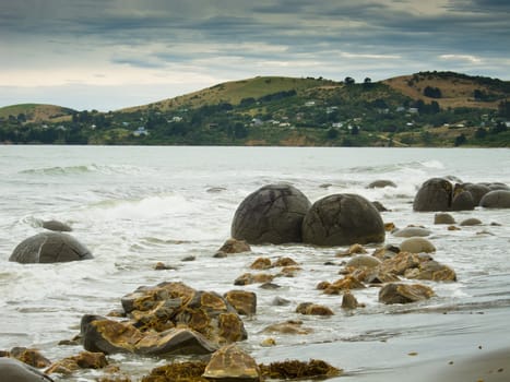 Moeraki Boulder East Coast of south New Zealand, on a cloudy day