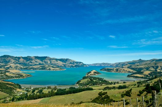 Beautiful summer day view into the Akaroa Harbour, New Zealand