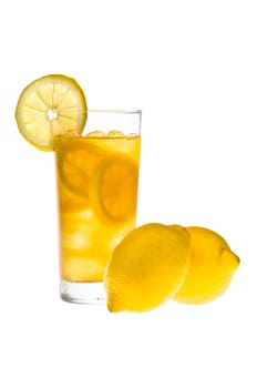Chilled lemon ice tea over white in nice yellow color 