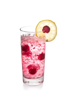 Raspberry cocktail with lemon garnish, over white