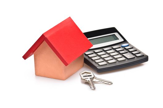 red roofed house over white with calculator and house keys