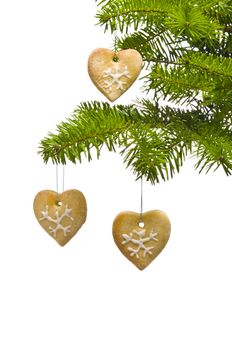Tree heart shape cookies as Christmas tree decoration, over white